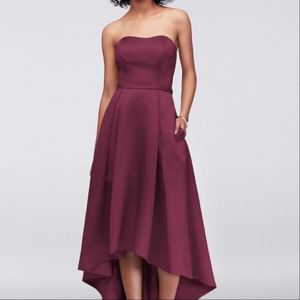 David’s Bridal High-Low Satin Dress with Pockets in Sangria color - Size 2